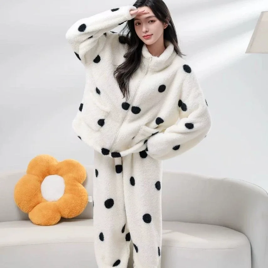 冬用レディースパジャマセット-ポルカドット柄-ジップアップ-スタンドカラー-厚手のプラッシュフリース-2ピース-ルーズフィット-ファッションスリープウェア-暖かいホームラウンジウェア