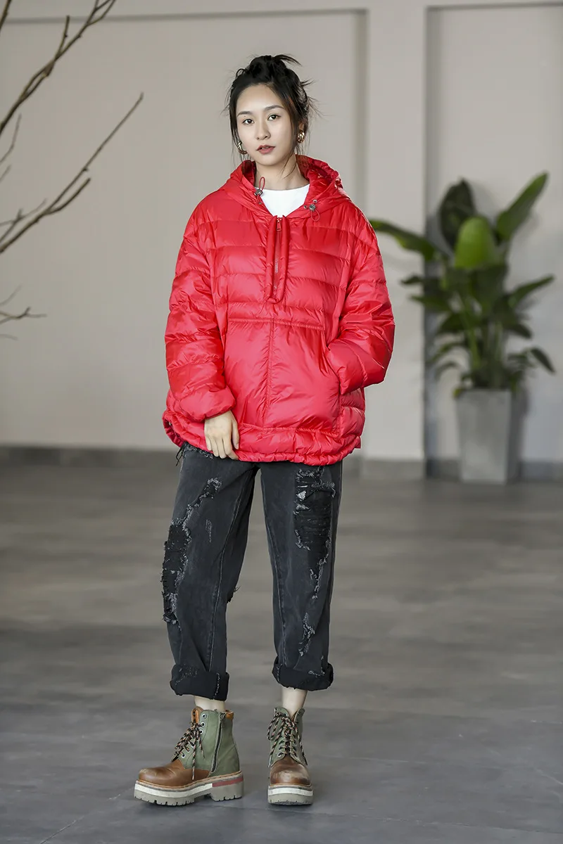 Winter Solid Half Zip Hooded Down Jacket Female Lightweight Pocket Parka Outwears Women White Duck Down Warm Jackets Overcoat