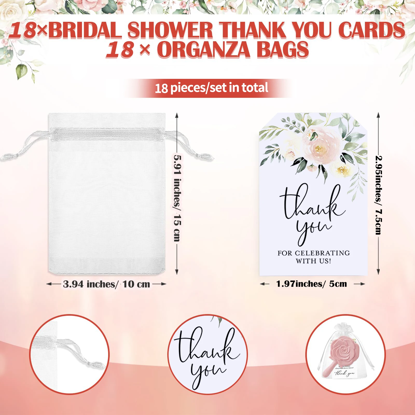 6 Sets Bridal Shower Favors Rose Design Mirrors Plastic Compact Mirrors Bridal Thank You Cards with Organza Bags Wedding Party G