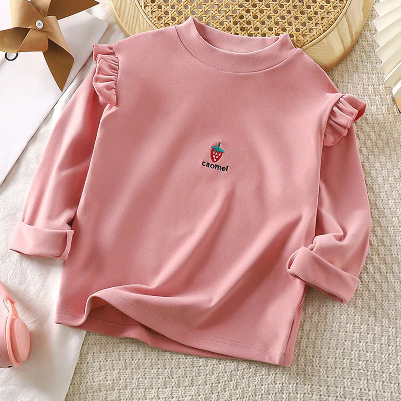 Children Clothe Solid Cartoon Cherry Embroidered Long Sleeve T-Shirt Girl Fashion Skin-Friendly Outdoor Bottom Blouse Undershirt