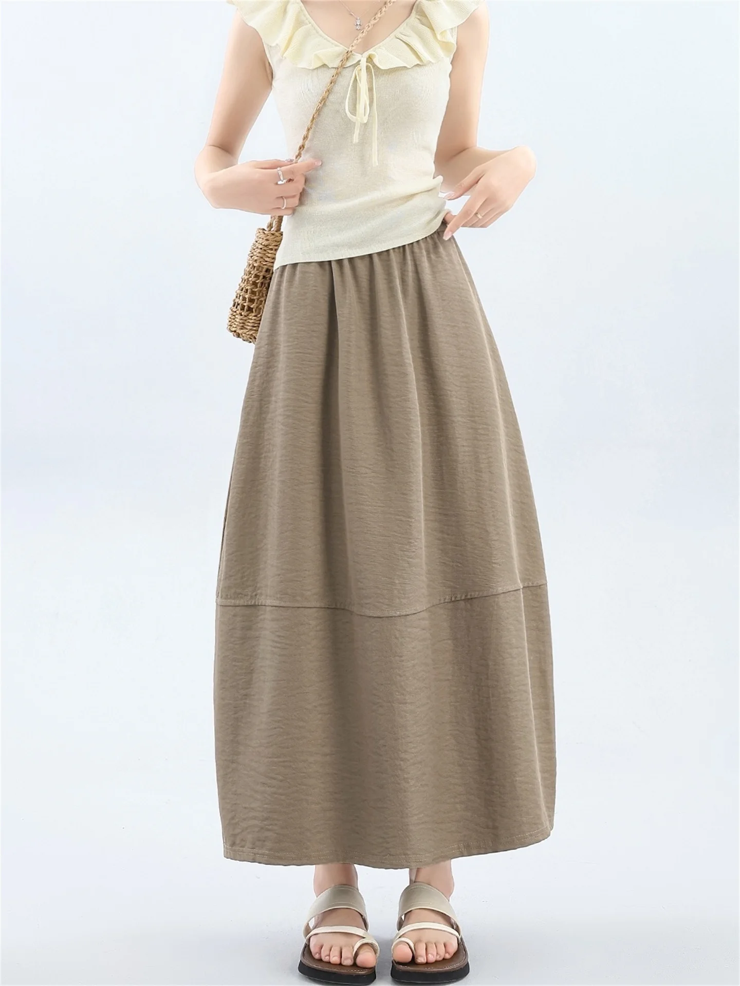 Khaki A-Line Midi Skirt Women's Summer 2026 New Long Half Skirt Drapey Style Casual High Waist Polyester Fiber City Commute