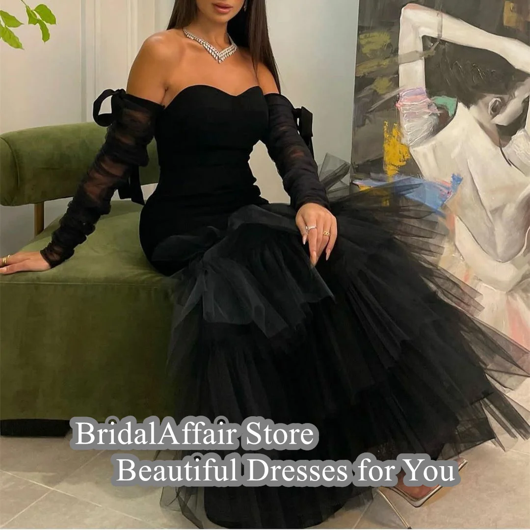 BridalAffair-Robe de Soirée Longue en Tulle Noir pour Femme, Robes de Bal Vintage avec Manches, Sirène, Longueur au Sol, Chérie