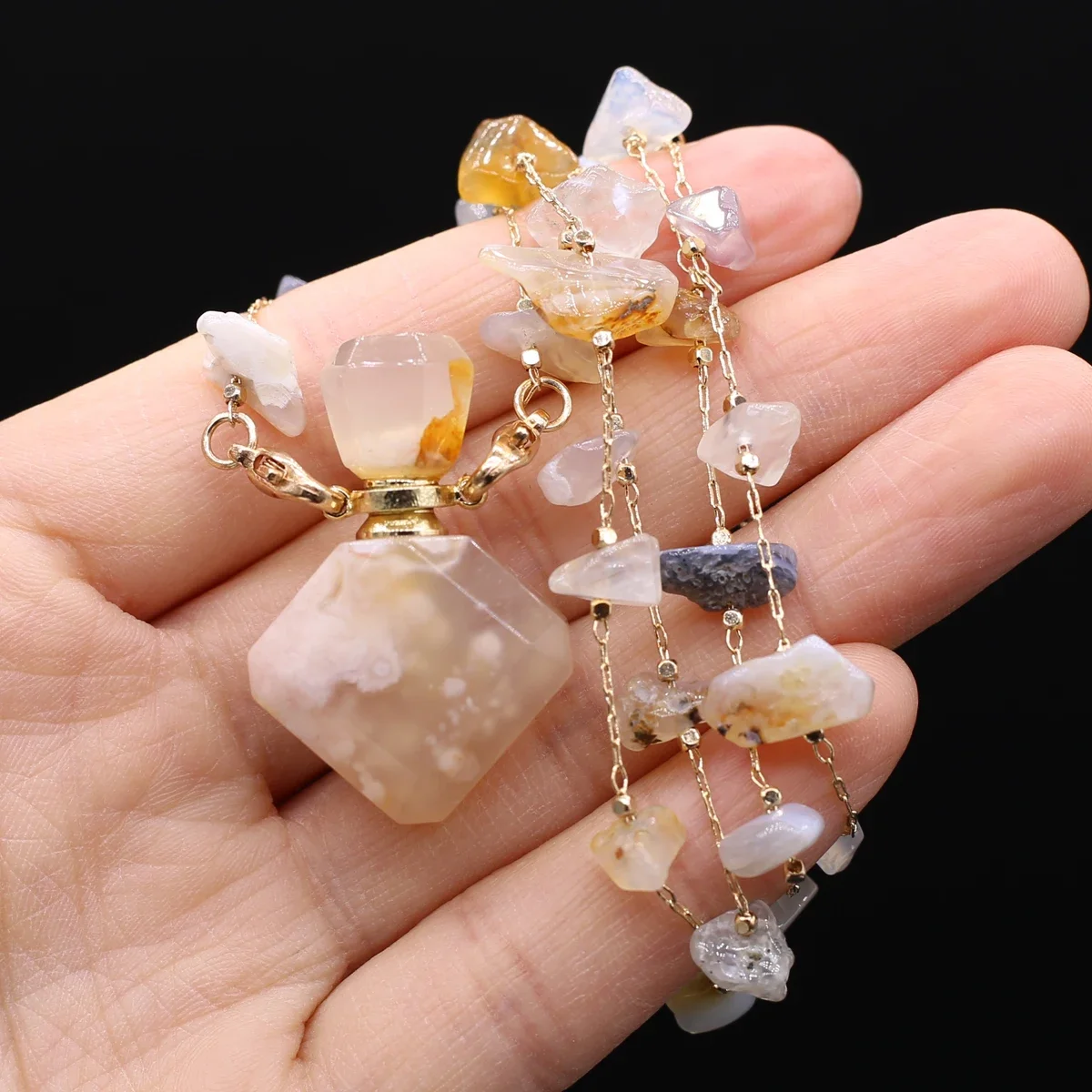 Natural Sakura Agate Perfume Bottle Necklace Charms Women Essential Oil Diffuser Pendant Necklace for Jewerly Party Gift