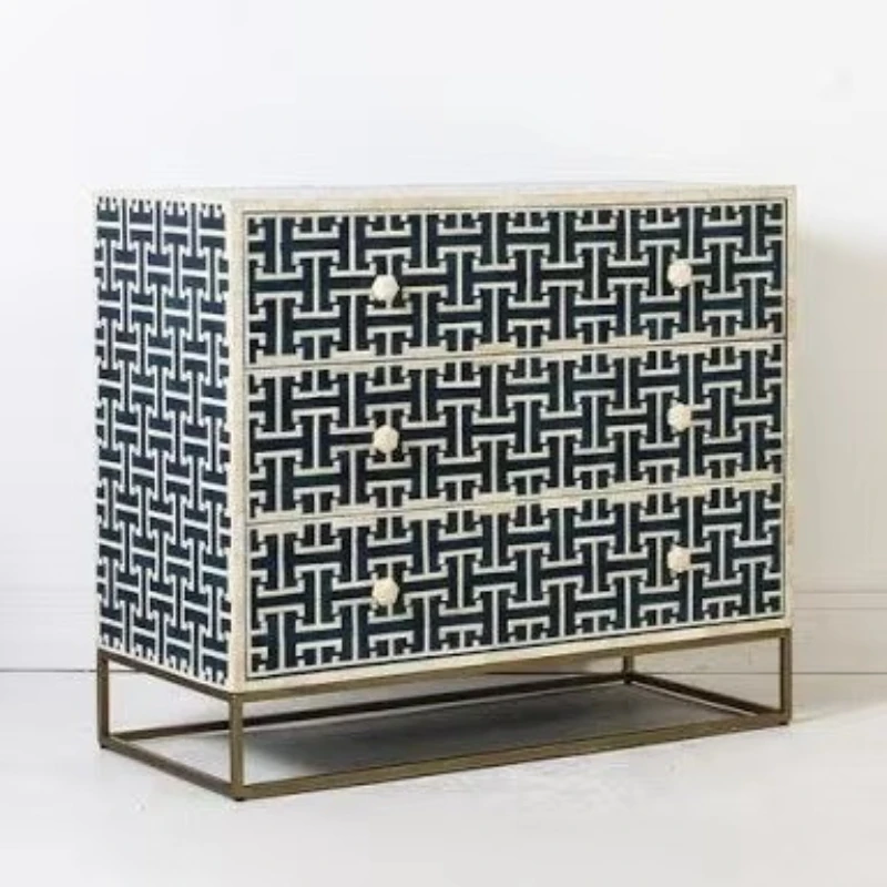 

Three-drawer sideboard with metal base bone inlay design