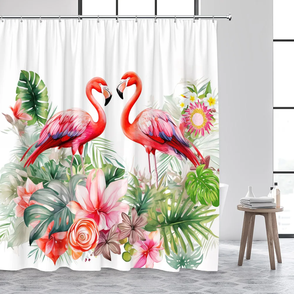 Tropical Flamingo Shower Curtain Floral Butterfly Green Monstera Palm Leaves Plant Bath Curtain Fabric Bathroom Decor with Hooks