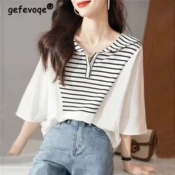 Women Summer Fashion Sailor Collar Striped Printed Patchwork Short Sleeve Loose Blouses Tops Casual Sweet Street Shirts Clothing