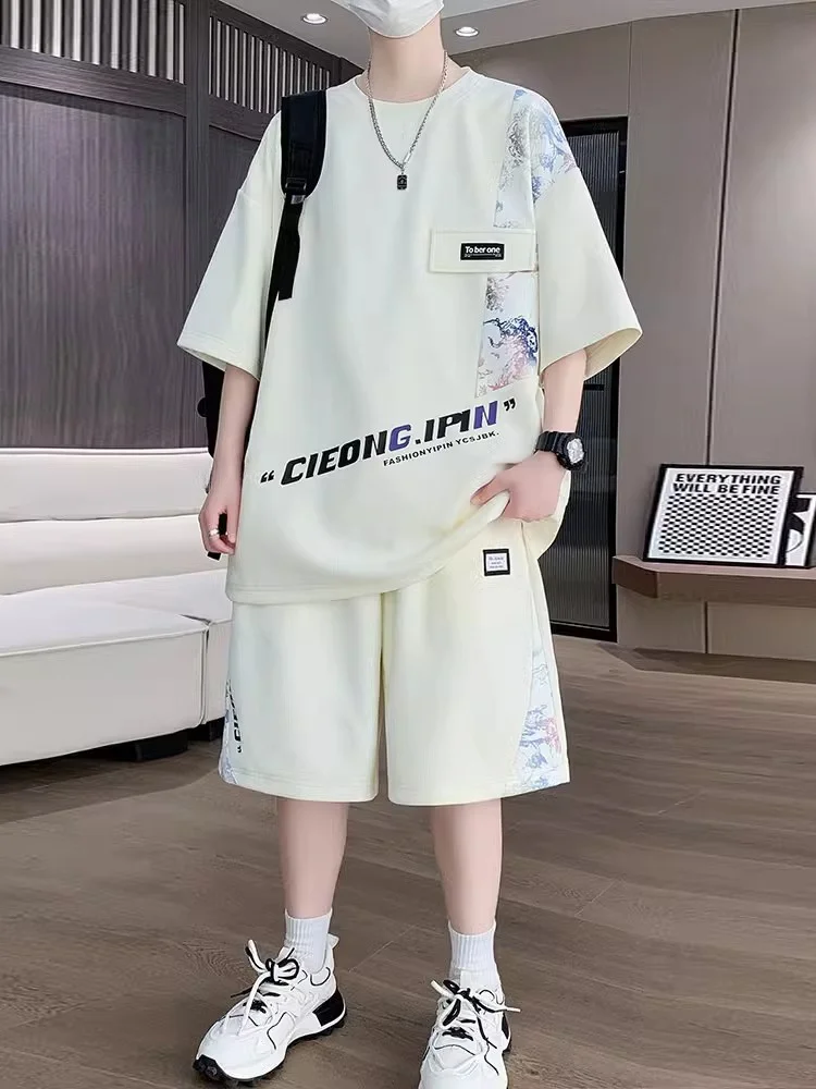 

Повседневный комплект из футболки и шорт для подростков: модный летний костюм-двойка из полиэстера, большие размеры