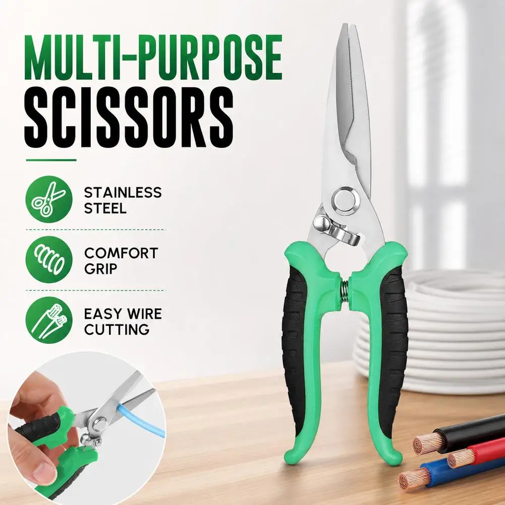 7-Inch Industrial Multi-Purpose Scissors Sandblasted Stainless Steel Shears for Electrical Wire Metal Sheet Cutting Tool
