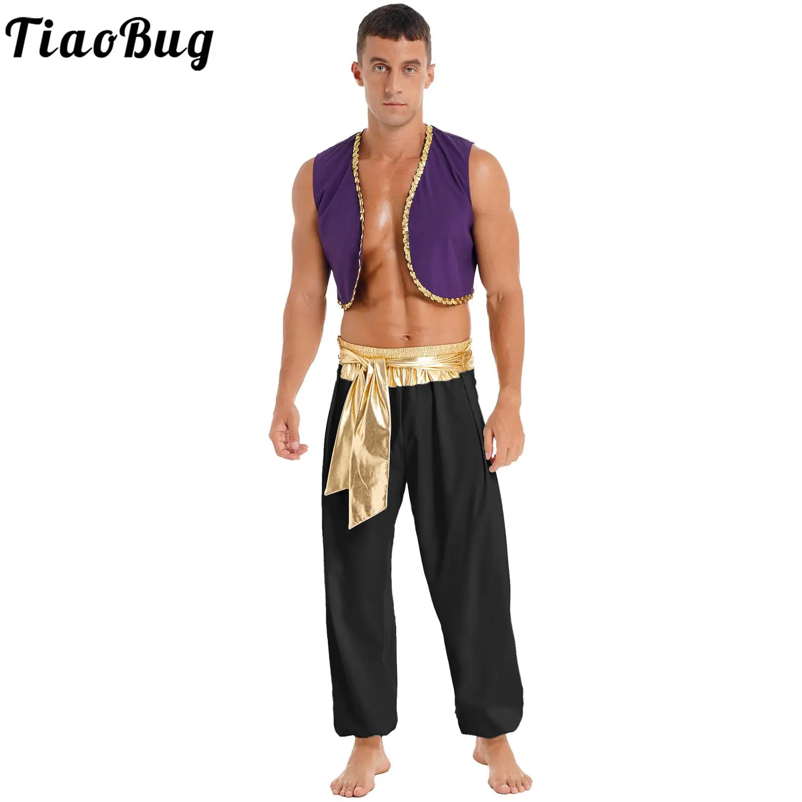 Men Stage Performfance Costume PU Patchwork Short Top with PU Patchwork Shiny Belt Harem Pants Halloween Cosplay Wear