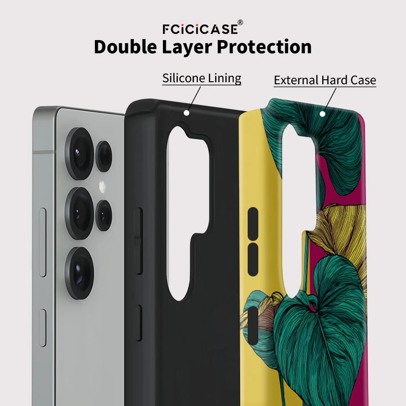 Fcicicase S25 الترا موضة يترك طباعة جراب هاتف لسامسونج غالاكسي S24 زائد S20 FE S23 A56 A26 A36 A16 ماتي PC غطاء من البولي يوريثان