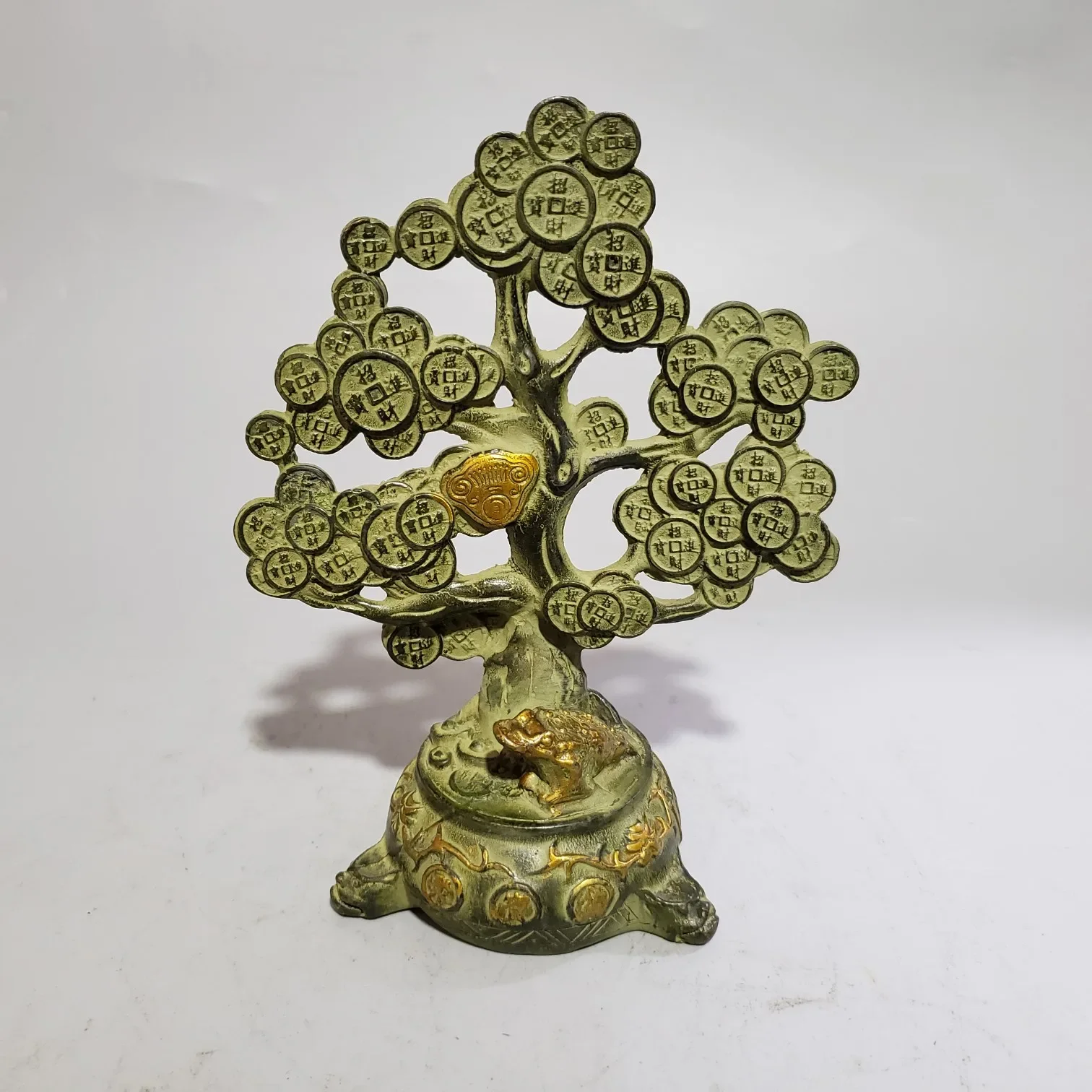 Chinese Brass Coin Tree Statue Feng Shui Wealth Money Toad Figures Decor