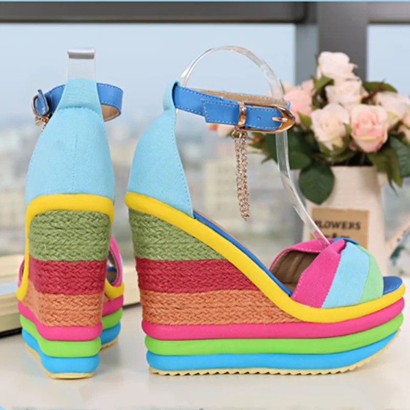 Women\'s Wedges Sandals Colorful Platform Rainbow Shoes Bowknot Hemp Bottom Female Ankle Buckle Strap Ladies Shoe Summer New 2021