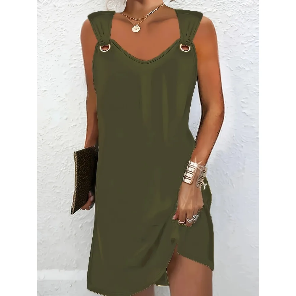 Vestido de talla grande 1XL-5XL para mujer, sin mangas, con cuello en V, detalle de botones de Metal, vestido informal de verano de longitud media amarillo vibrante