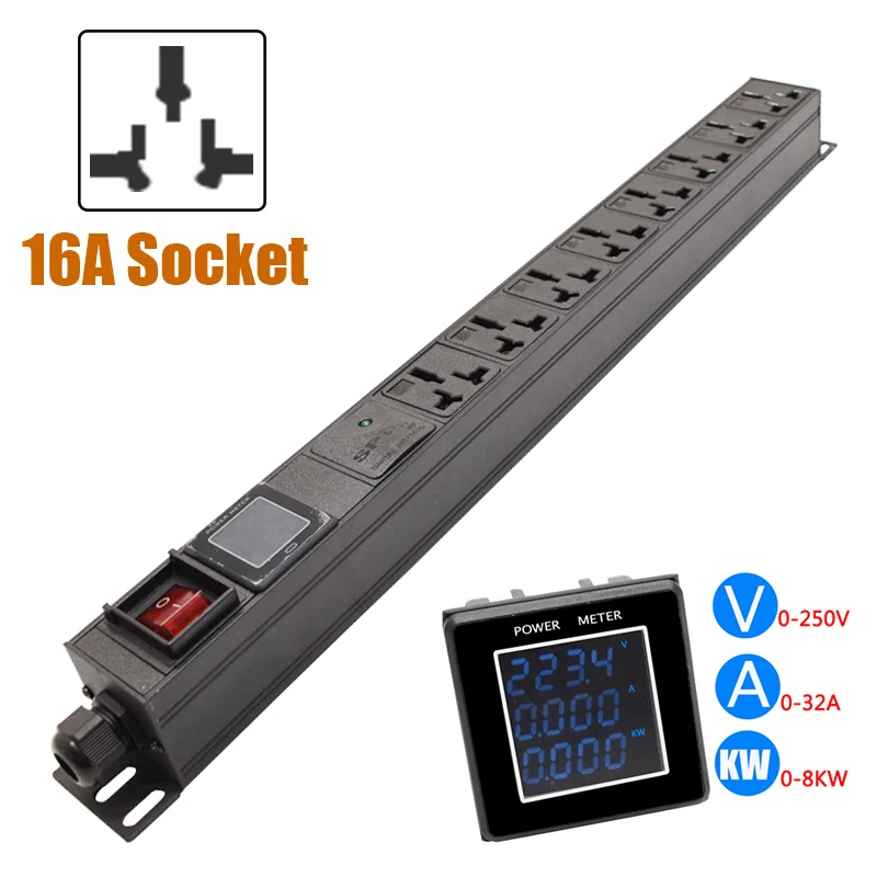 

Cabinet PDU Power Strip Voltmeter Ammeter Watt Power Meter 8Ways 16A Outlets Switch 2Meter Extension Cord Surge Protection