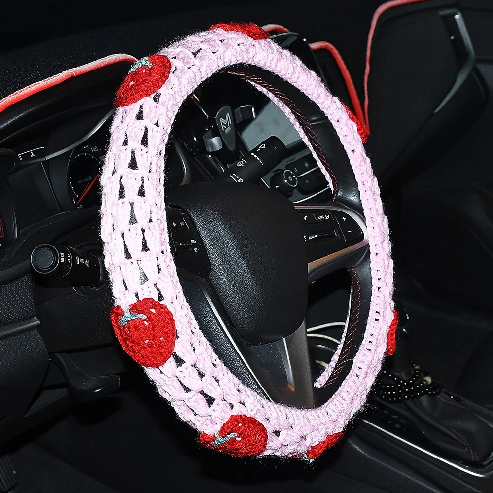 Steering Wheel Cover Hand Woven Flowers Breathable Anti Slip Steering Wheel Covers Pink Car Interior Accessories