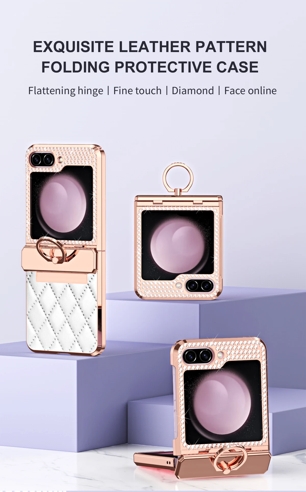 Luxury Leather Texture Bling Rhinestone Electroplated Hinge Protection Ring Holder Case For Samsung Z Flip 7 FE 6 5 4 3