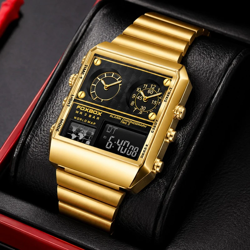 FOXBOX New Original Luxury LED Digital Watches for Men Gold Waterproof Square Dual Time Zone Stopwatch Alarm Quartz Chronograph