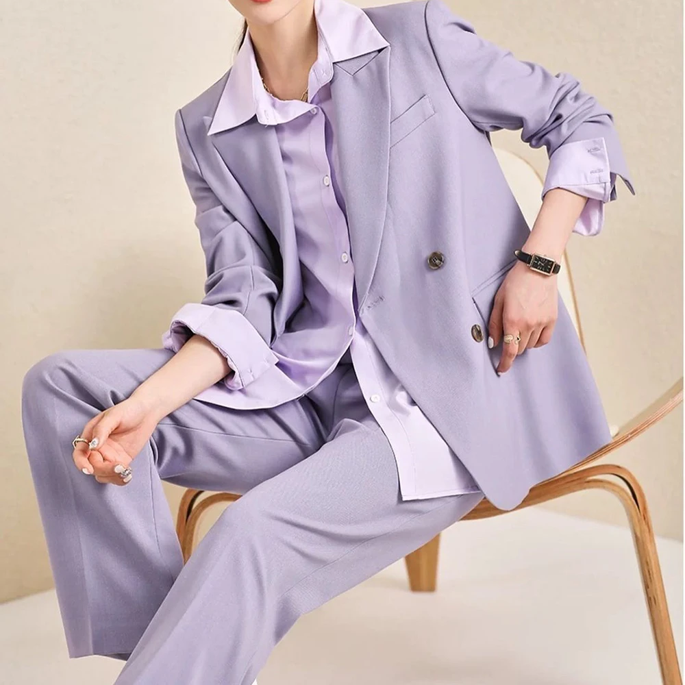 Double Breasted Peak Lapel Purple Women Blazer Pants Sets Elegant Female 2 Piece Jacket Trousers Outerwear Office Lady Clothing