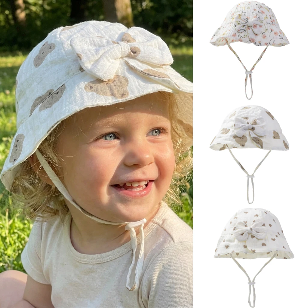 

Весенне-осенняя детская панама с милым бантом и принтом для девочек, кепка в рыбацком стиле, муслиновая хлопковая панама, детские шапки, уличная детская шляпа от солнца
