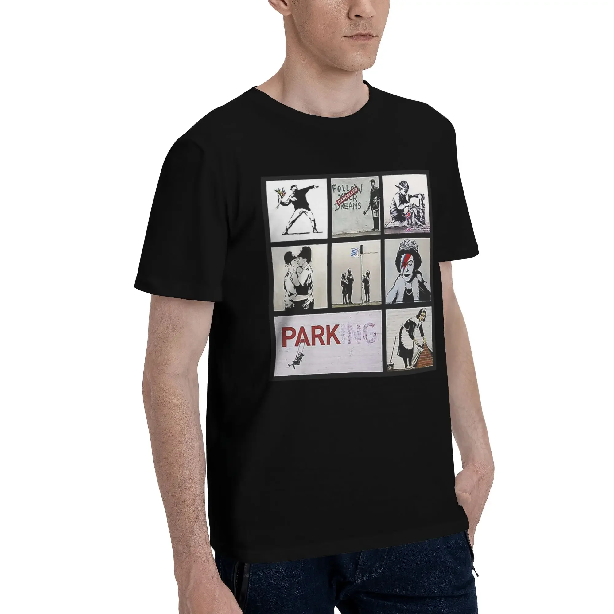 Banksy Montage 01  Various Banksy Artwork Men T-Shirt Plus Size T Shirts Men's O-Neck Cotton Tees Short Summer Male