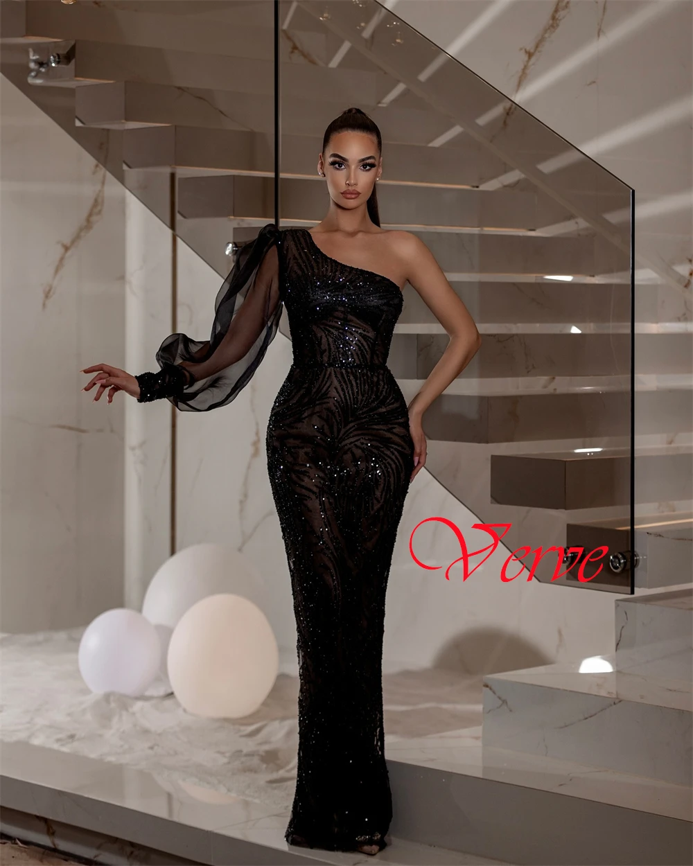 Robe de soirée en Tulle noir, personnalisée, exquise, moderne, asymétrique épaule dénudée, manches longues, robes d'occasion spéciale, robe de bal sirène