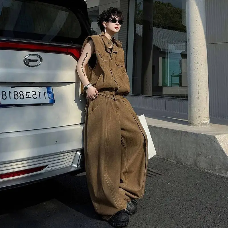 LUZHEN Denim 2026 Decorate Summer Solid Sleeveless Color Pockets Jacket Men's Fashion Baggy Wide Leg Jeans Two-piece Sets JY8816