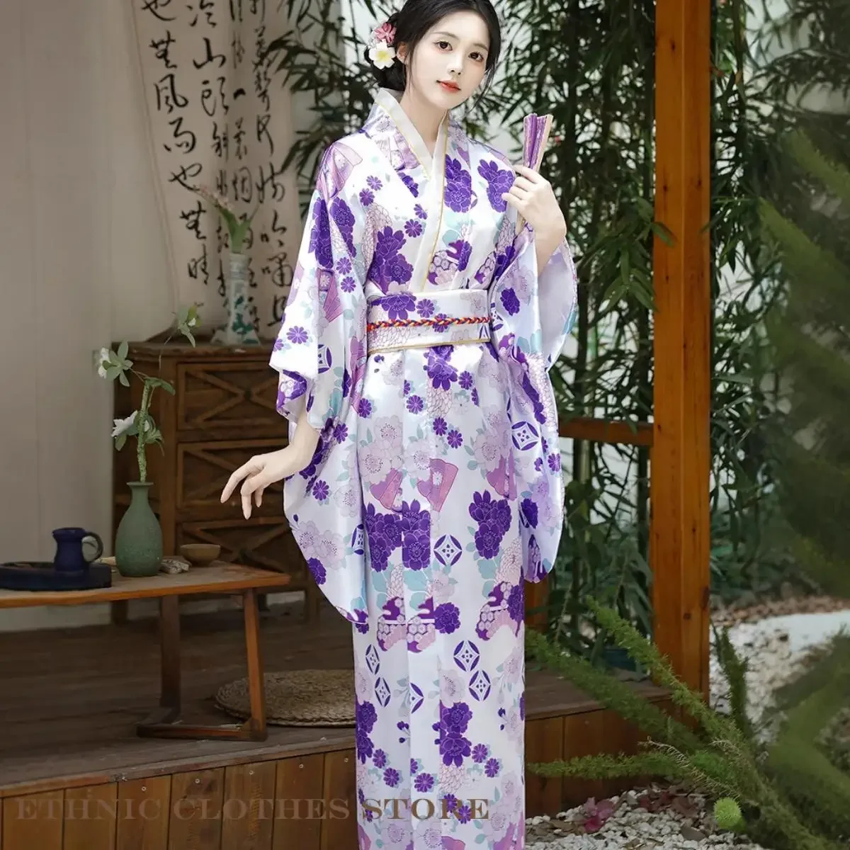 Japanese Kimono Gown with Obi Sexy Yukata Haori Print Flower Cardigan Robe Geisha Cosplay Costume 2025 Hot Sale