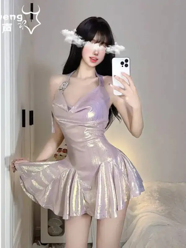 Exotic Summer Fashion Women\'s Clothing 2024 New Solid Color Simple Shiny Sexy Nightclub Hanging Neck Bareback Elegant Dress 81UB