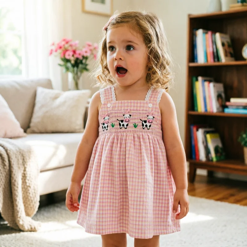 Girls Dress Summer Spanish Style Plaid Smocked Embroidered Suspender Dress Cute Princess Cotton Casual Party for Toddler Kids