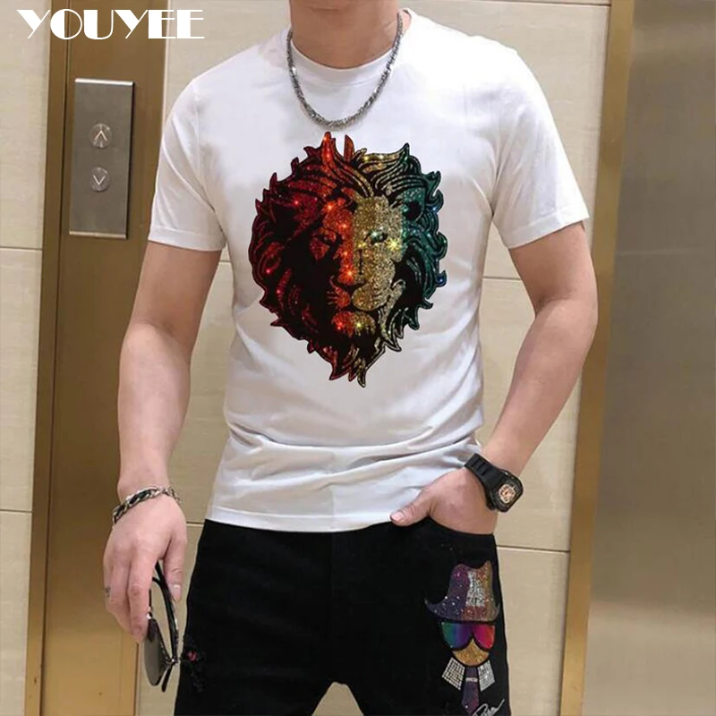 

New Design Men’s T-shirt Colorful Tiger Head Hot Diamond Short Sleeve Top Summer Trend Slim Casual Male Bottoming Tees Shirt 5X