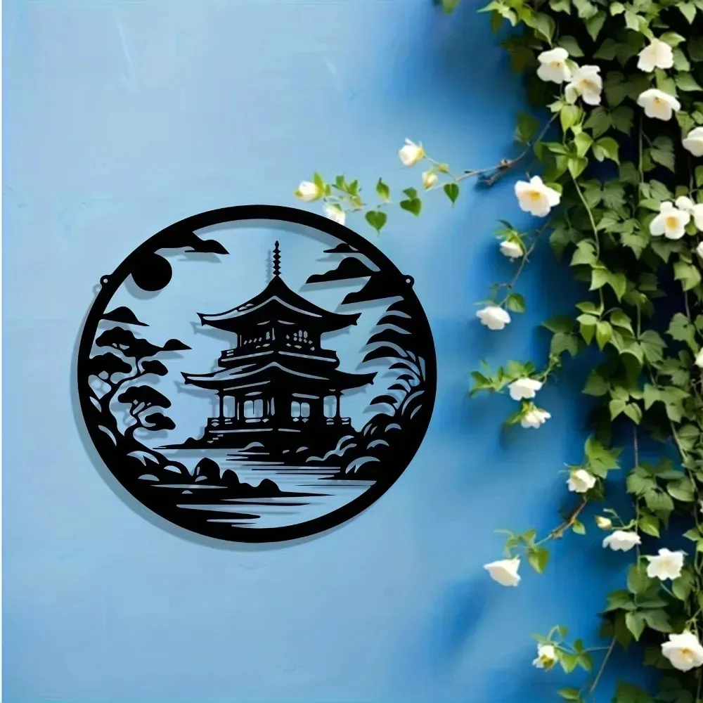 Aluminium Pagoden-Wandkunst XL - Wetterfeste Japanische Gartenskulptur, Outdoor-Metalldekoration
