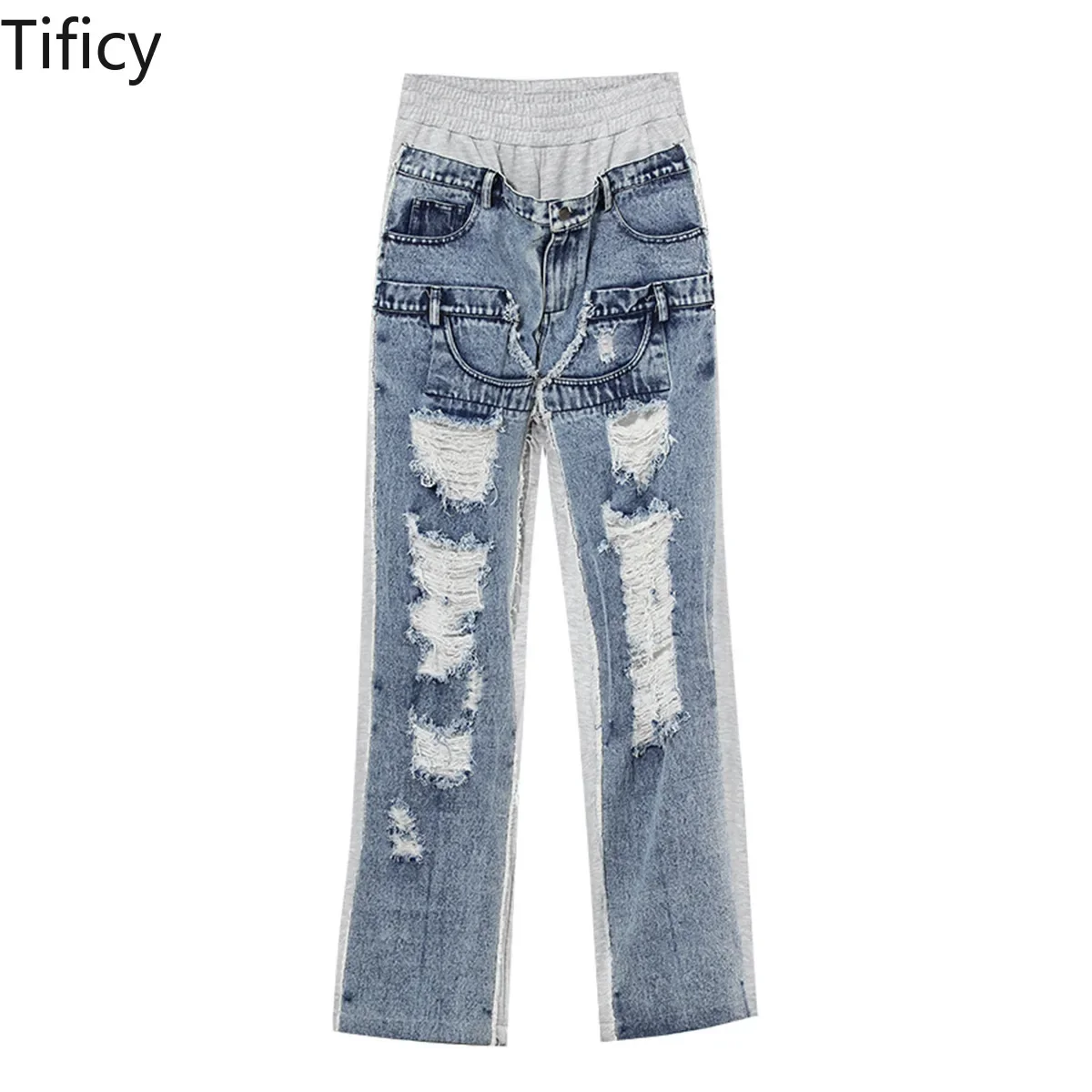 

High Street Women's Retro High Waist Retro Handmade Worn-out Spliced Jeans Fake Two-piece Spliced Straight Leg Denim Pants