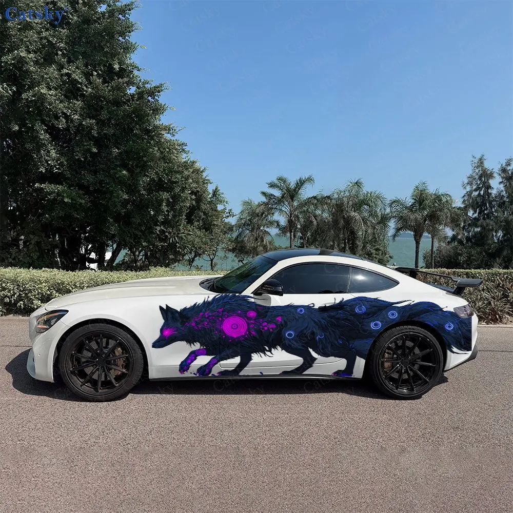 2pcs Purple Flame Mystical Fox Car Side Wraps, Self-Adhesive PVC Waterproof & Scratch-Resistant Stickers, Car Accessory Gift
