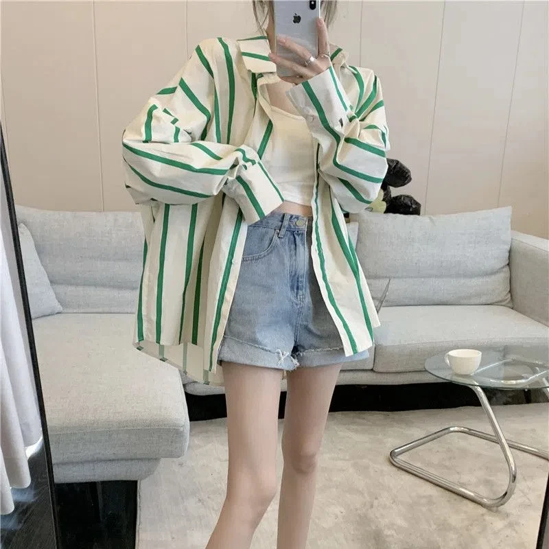 Korean New Spring and Autumn Women\'s 2024 New Patchwork Polo Collar Button Striped Fashion Loose Casual Long Sleeved Shirts