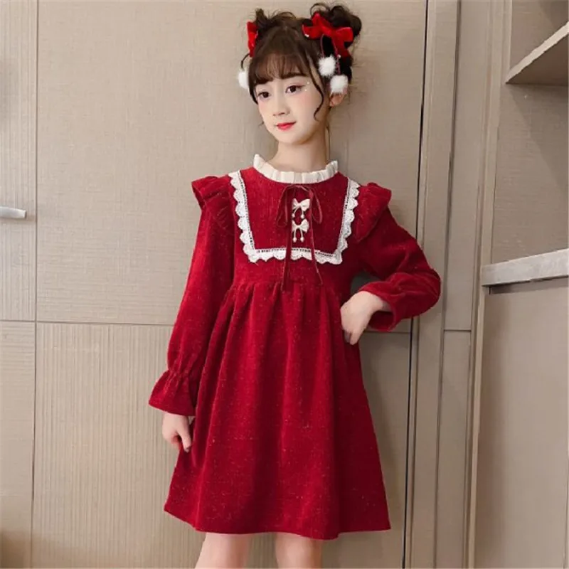 Girl Dress Kids Baby Party Birthday Evening Gown 2023 Red Wine Winter Autumn Cotton Plus Thicken Flower Girl Dress Children Clot