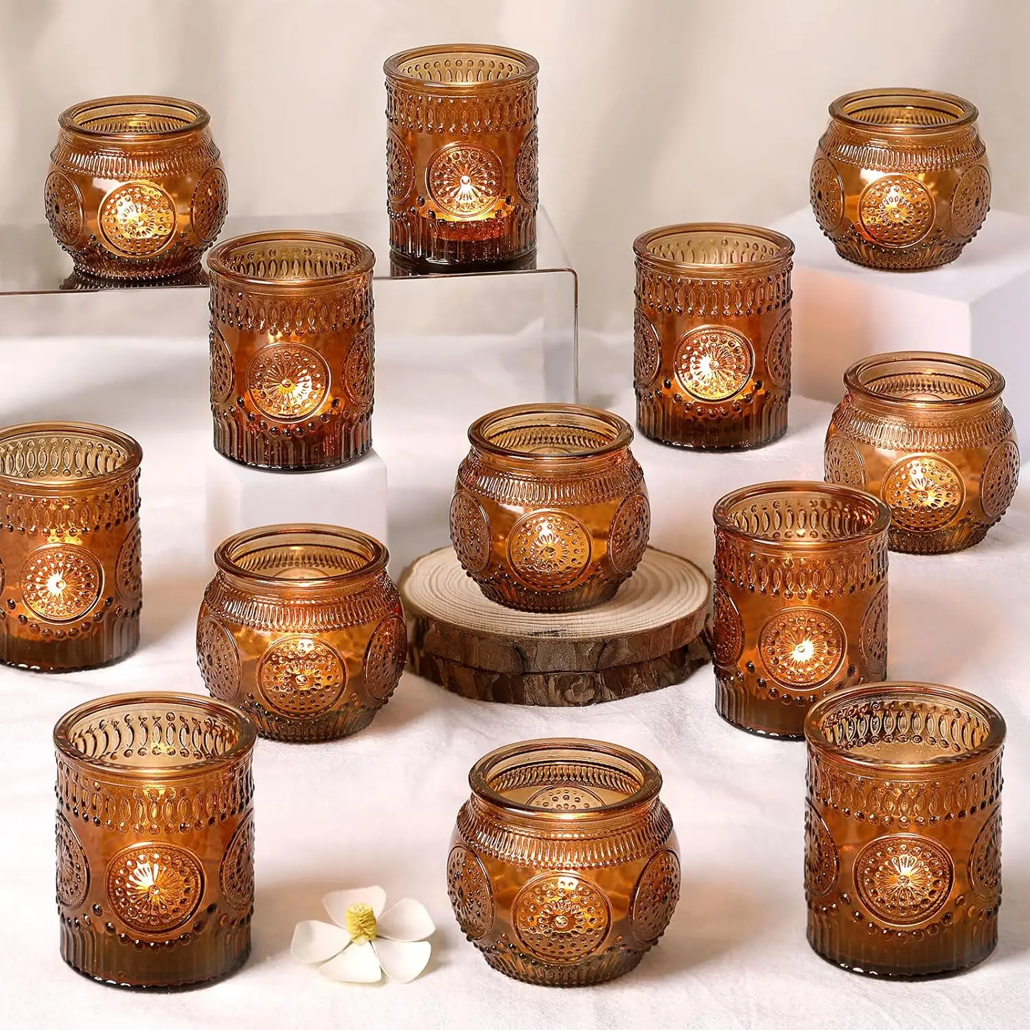 

24 Pcs Amber Votive Candle Holders - Vintage Glass Tea Light Holders for Wedding, Party & Home Decor