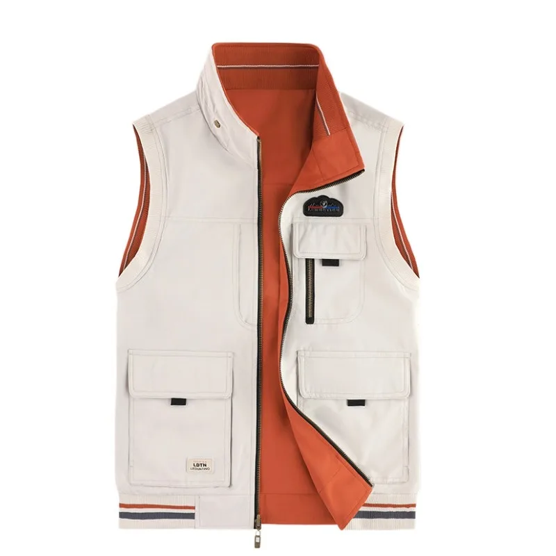 New Fashion Men Reversible Vests Coats Sleeveless Jackets Quality Male Outwear Multi-pockets Waistcoats Stand Collar Casual Vest