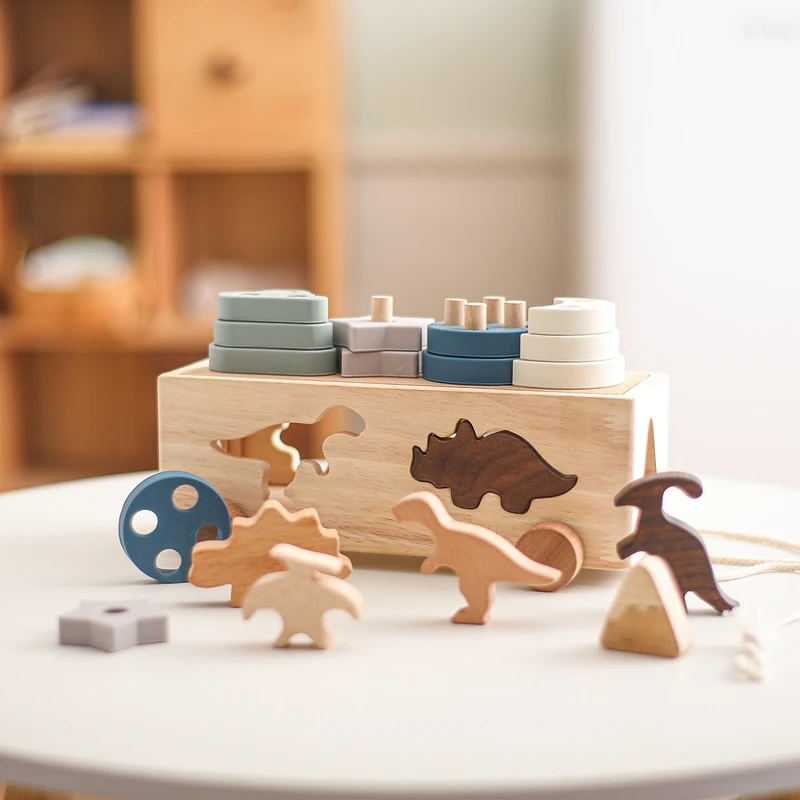 Kinderen Houten Dinosaurus Intelligentie Auto Speelgoed Baby Stapelen Multifunctionele Vorm Cognitief Speelgoed Baby Montessori Onderwijs Speelgoed Cadeau