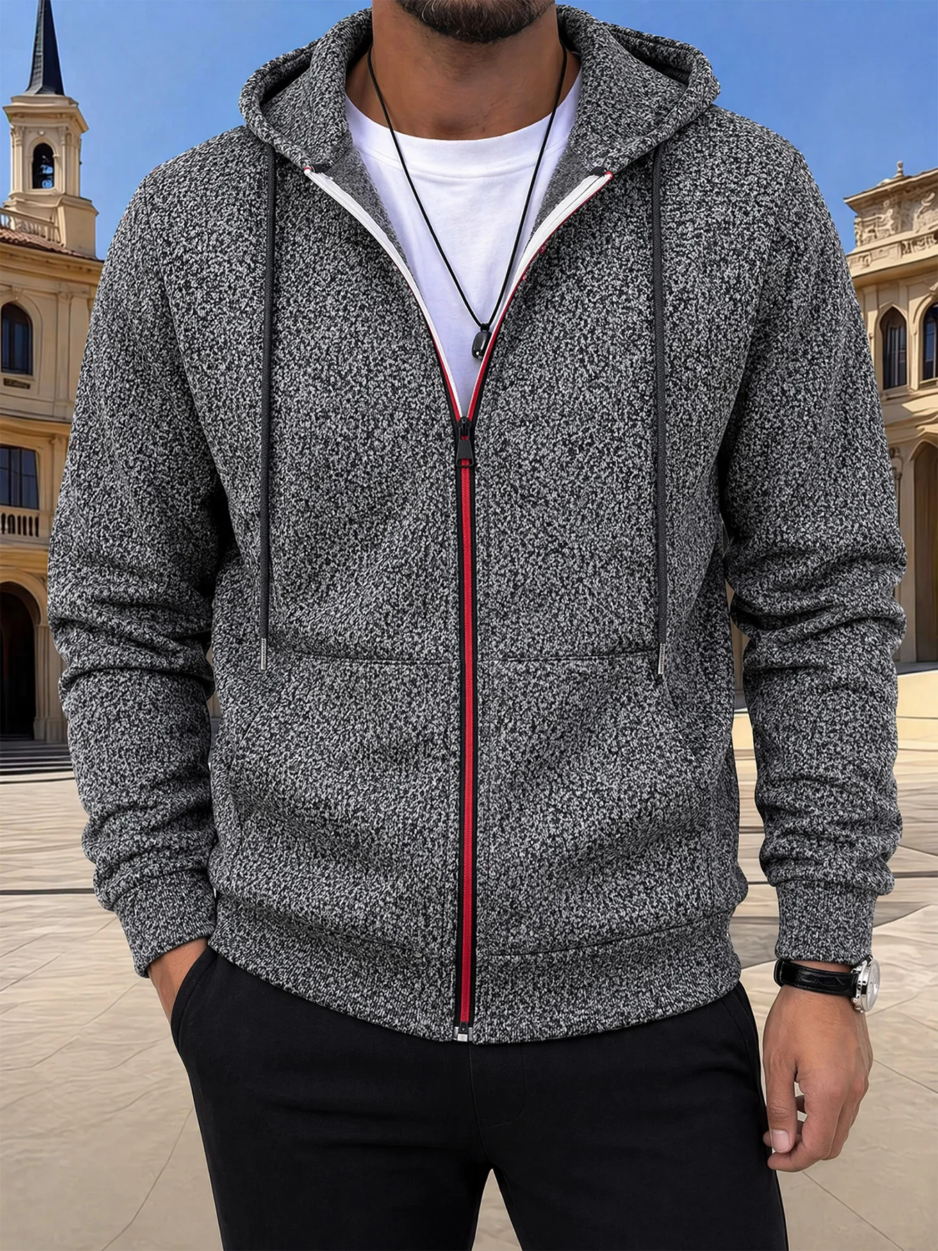 Mens Heather Marled Hoodie Full Zipper Front Drawstring Hood Side Pockets Ribbed Hem Casual Long Sleeve Outer Jacket