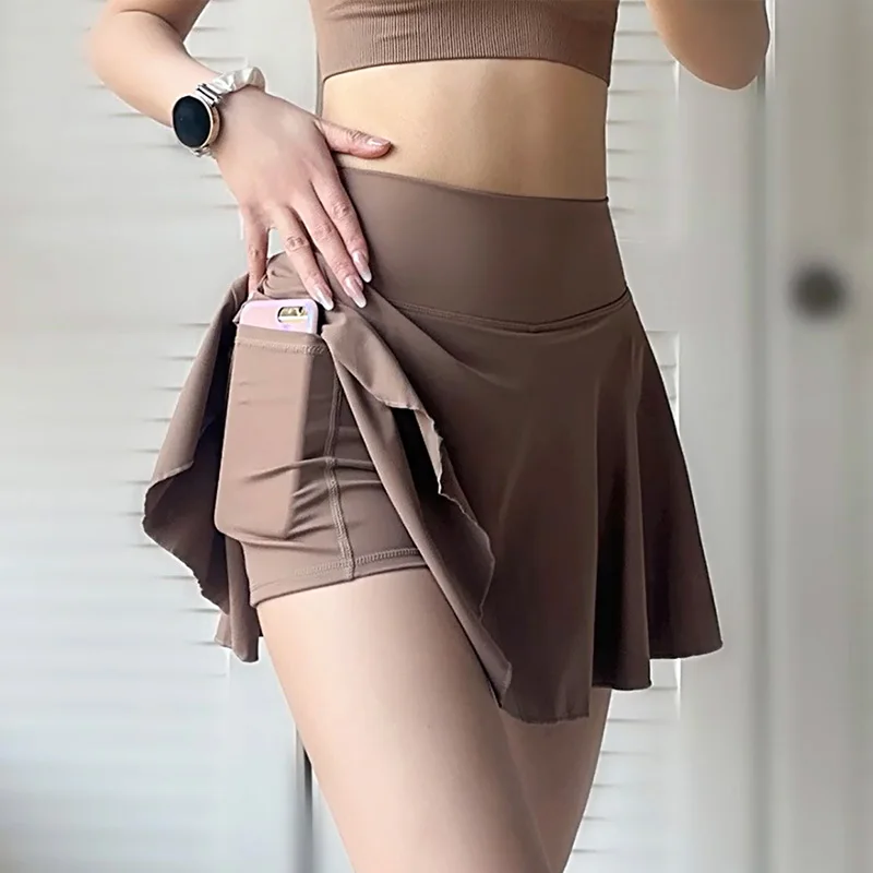 Aiithuug with Pocket Tennis Skirt Shorts 2 in 1 Build-in Shorts Golf Skirt Gym Workout Shorts Soft Cream Stretchy Tummy Control
