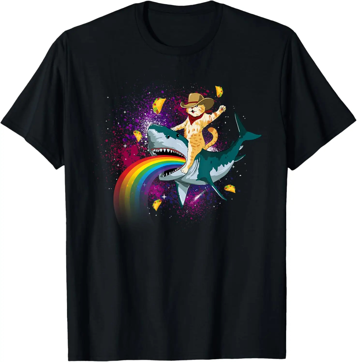 Western Cowboy Cat Riding A Shark In Taco Space Rainbow T-Shirt 100% Cotton Trendy Y2K Short-Sleeve Tee – Soft, Quick-Drying, All Occasion Casual  Suitable For Concert Party Hanging Out Sightseeing Trip