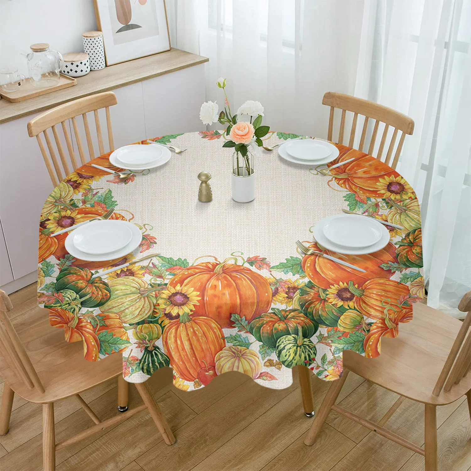 

Fall Thanksgiving Pumpkin Sunflower Round Tablecloth Waterproof Wedding Party Table Cover Holiday Dining Table Tablecloth