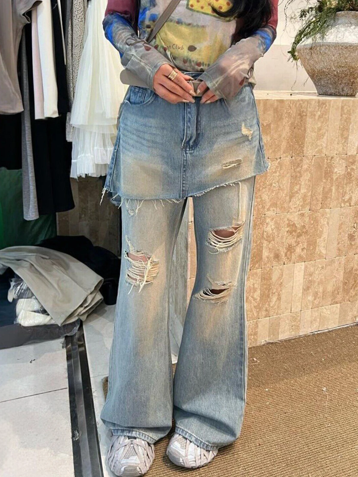 

Fashionable Ripped High Waist Bell Bottom Jeans Women's Summer Casual Style Vintage Design Curtain Pants Ladies' Denim