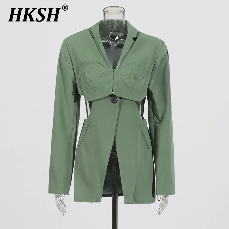 HKSH Waist Reveal Blazer 2025 Spring New Women's Tide Fashion Single Button Slim Dark Y2K Design Elegant Jacket Chic Coat HK3637