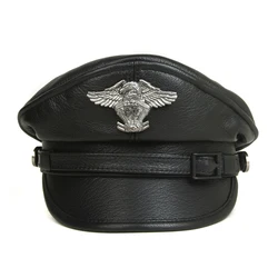 New Retro German Military Caps For Men Male Genuine Leather Flat Top Hats European American Captain Locomotive Chapeau