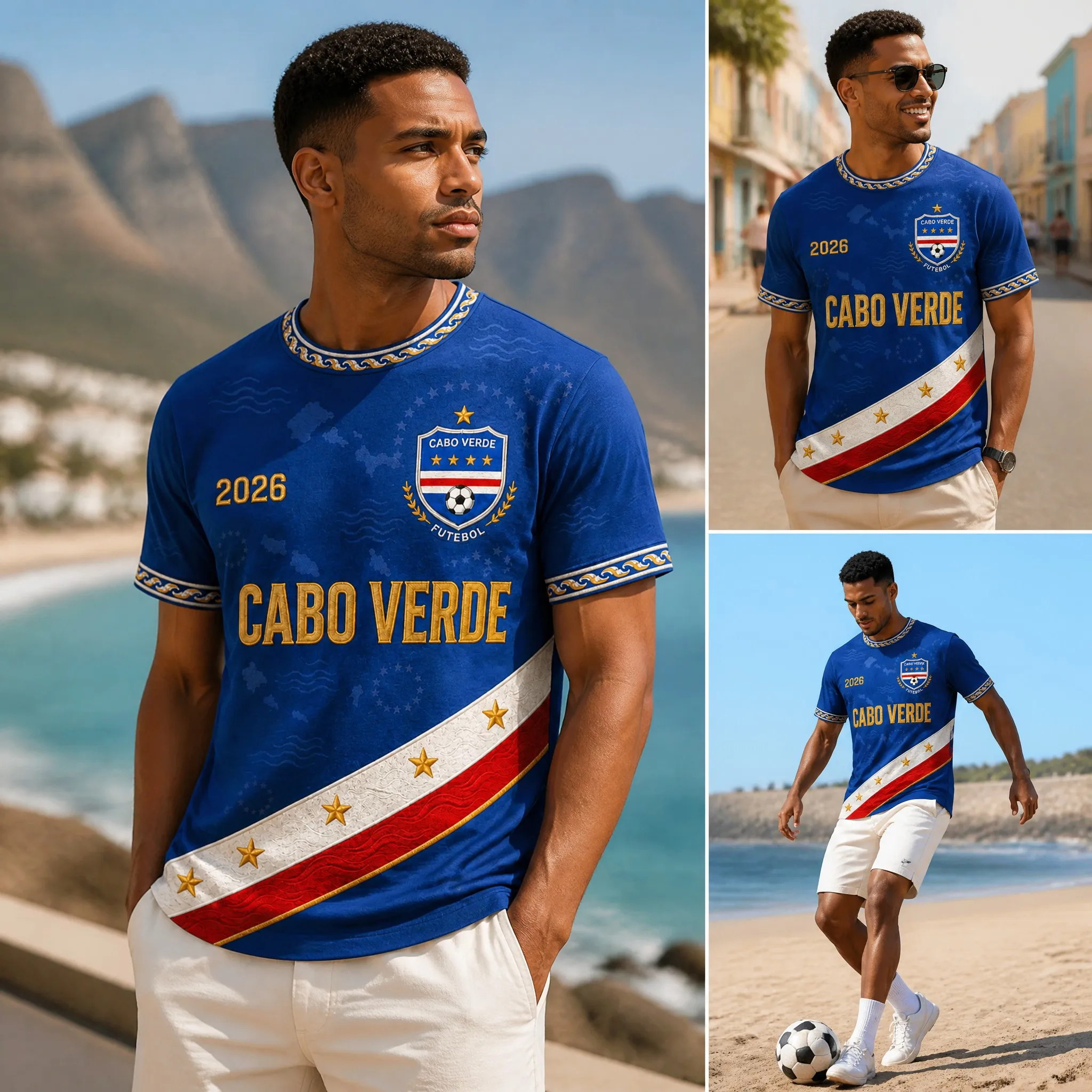 Mens Cabo Verde Crew Neck T Shirt Blue Gold Print Short Sleeve Casual Top Island Soccer Style Beach Travel Graphic Tee New Style