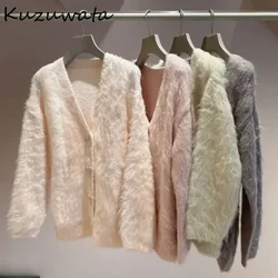 Kuzuwata 2024 Winter New Sweet Fur Fluffy Cardigan Mid-length Knit Solid Bow Button Jumper Japan Luxury Commuter Warm Sweaters