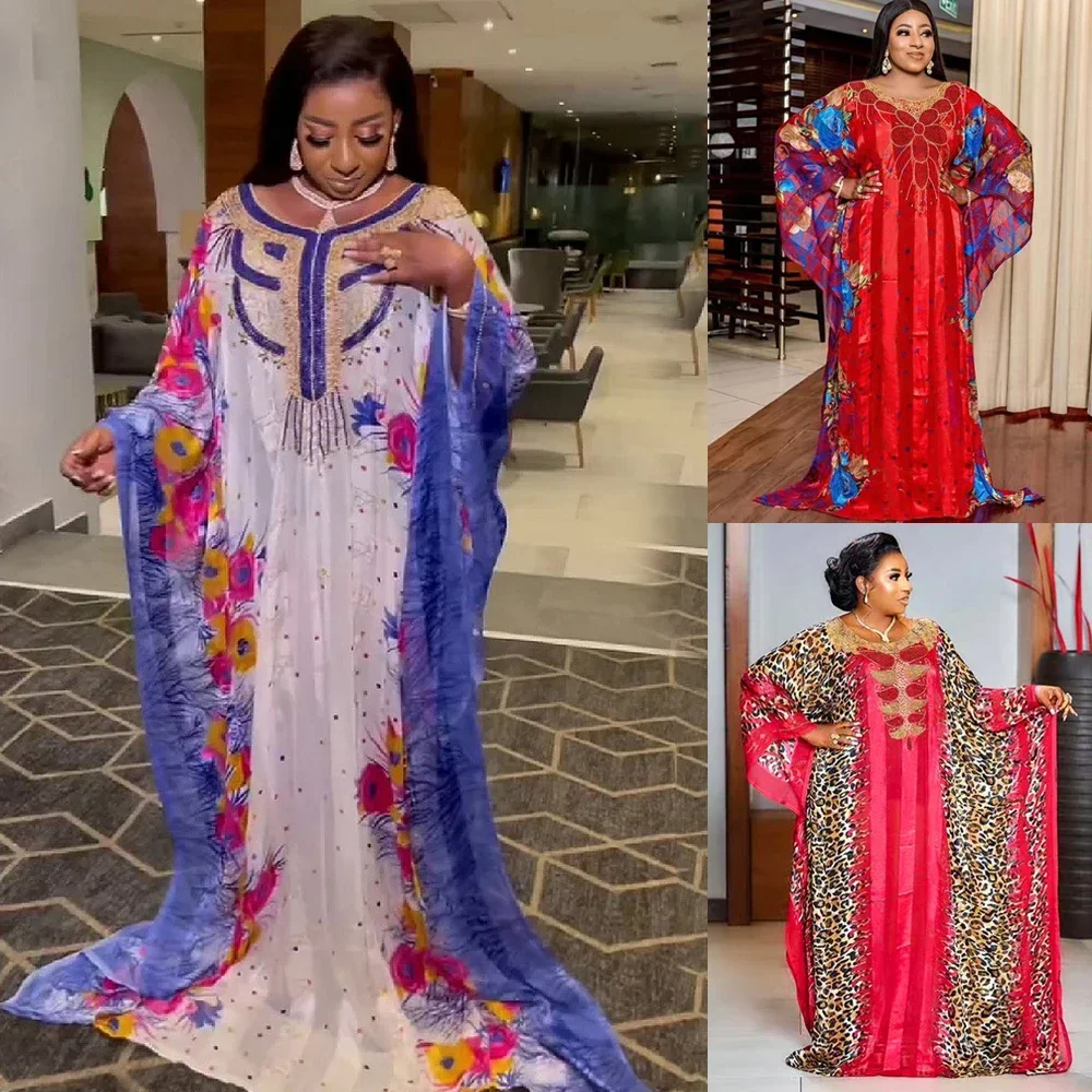 

Long African Print Dresses for Women Plus Size Clothing Dashiki Chiffon Diamonds Abaya Boubou Muslim Dress Robe Africaine Femme