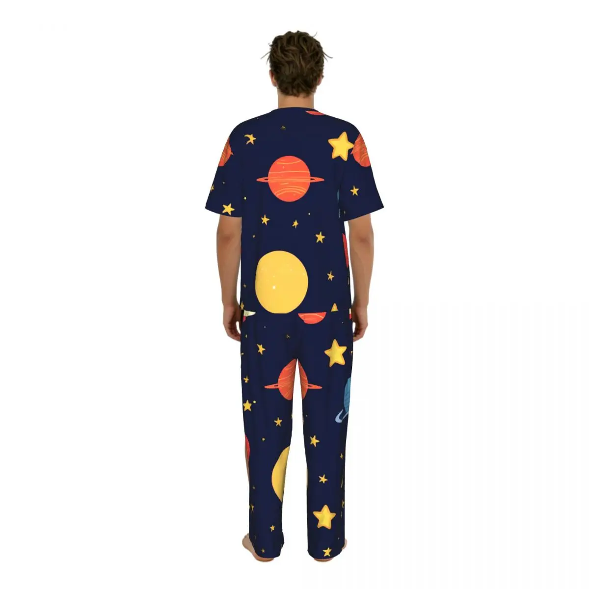 Men's Pajamas Set Summer Short-Sleeve Tops + Long Pants Nightwear Home Wear Suits Planets And Stars Cute Print Sleepwear view 4