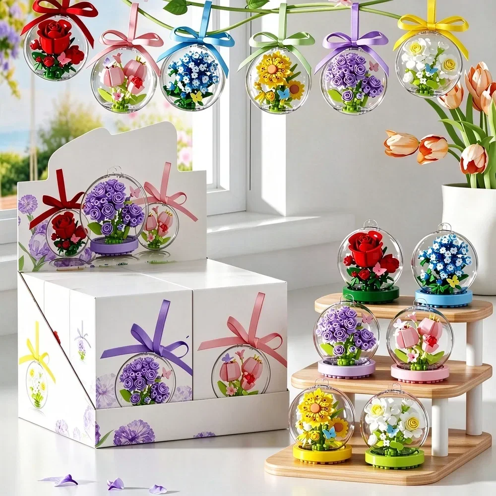 Plant Building Blocks Rose Flower Crystal Ball Model DIY Assembly Desktop Tabletop Ornament Home Decoration Handmade Stress